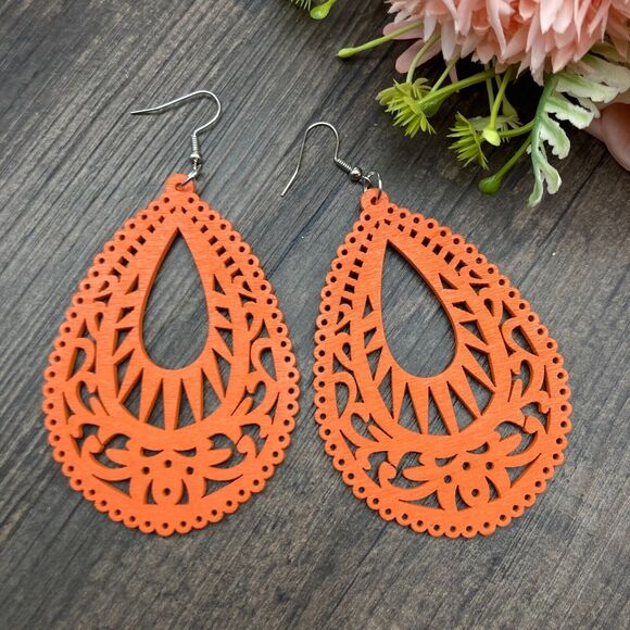 Beige Casual Retro Simple Style Water Droplets Minimal Wood Drop Earrings Boho - Picture 13 of 16